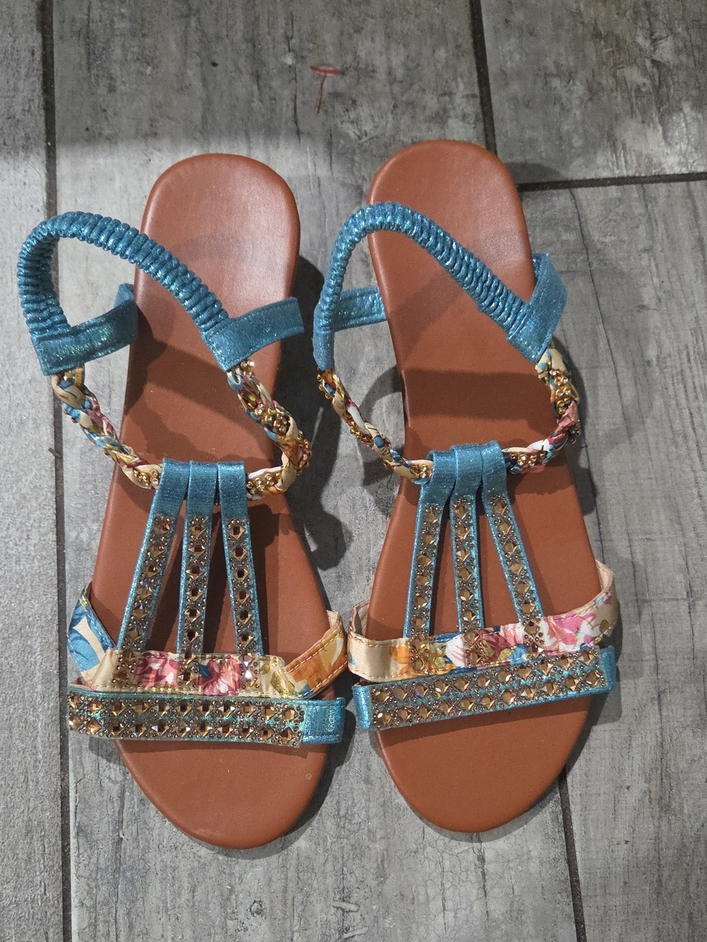 Source Unknown Turquoise Jeweled Floral-Trim Slingback Sandals